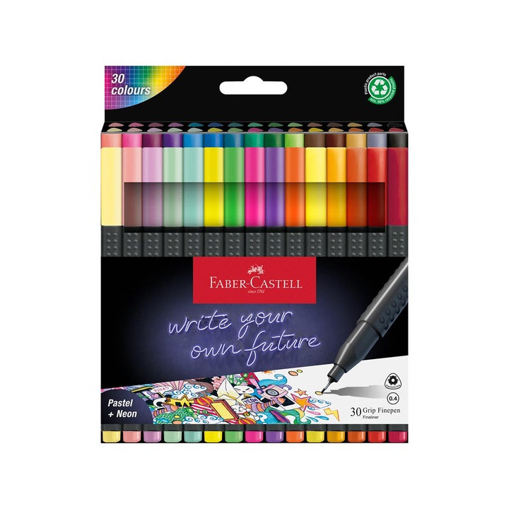 Тънкописец Faber-Castell Grip, 0.4 mm, пастелни и неонови, 30 цвята