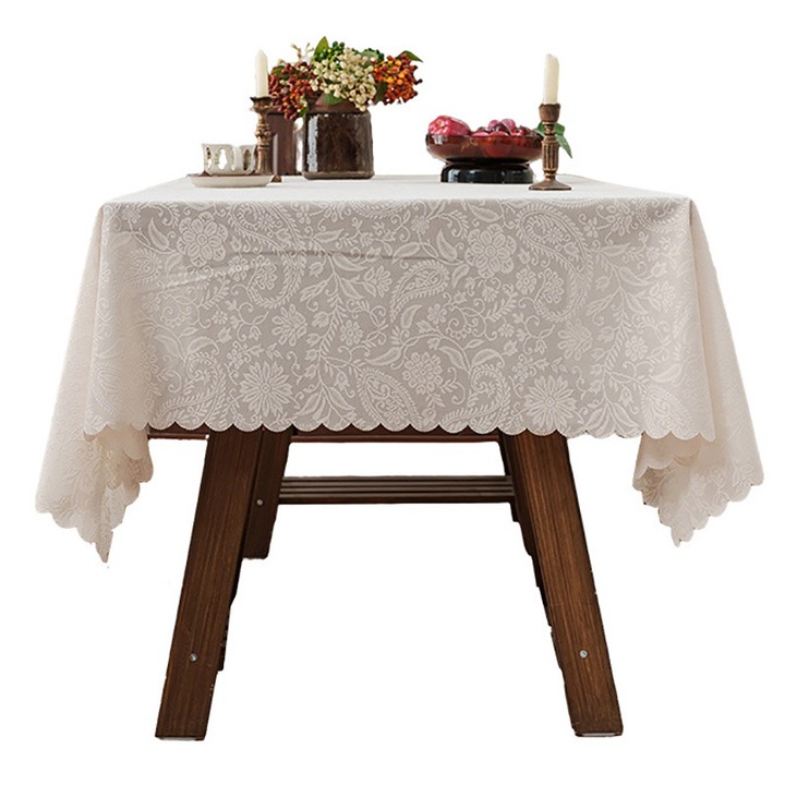 Luxus hímzett tömör csipke asztalterítő, BOMSTOM, Elegáns, Horgolt szegéllyel és finom virágmintával, Téglalap alakú, 4 - 6 személyes, 150 X 220cm, Fehér