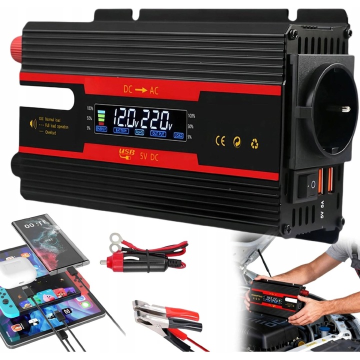 Инвертор за модифицирана синусоида, Bedee, от 12V/24V към 220V, 2000W, с 2 USB порта 5A и LCD дисплей, подходящ за автомобили, камиони, каравани, кемпери и др