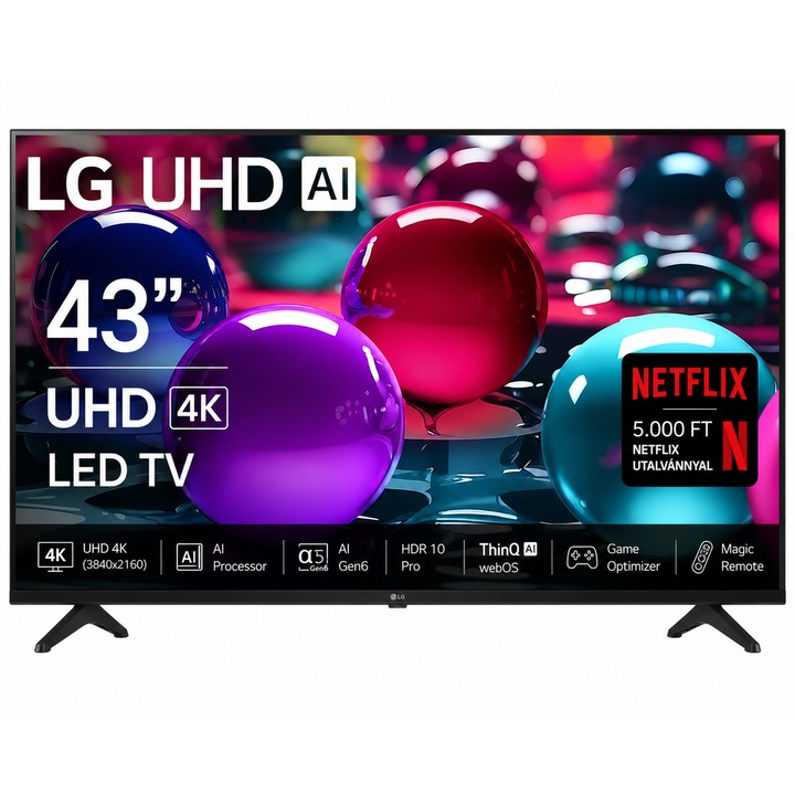 LG 43" UHD 4K LED AI Okos TV, 108 cm képátló, 60 Hz, Wifi, HDMI, Falra szerelhető, Netflix