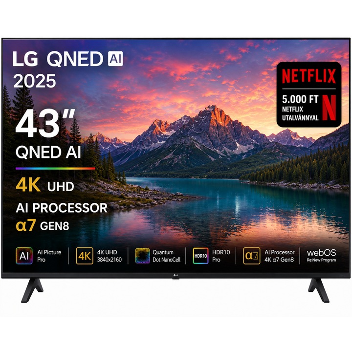 LG 43" UHD 4K QNED AI Okos TV, 108 cm képátló, 60 Hz, Wifi, HDMI, Falra szerelhető, Netflix