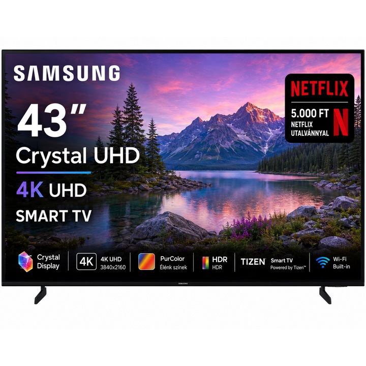 Samsung 43" UHD 4K LED AI Okos TV, 109 cm képátló, 50 Hz, Wifi, HDMI, Falra szerelhető, Netflix