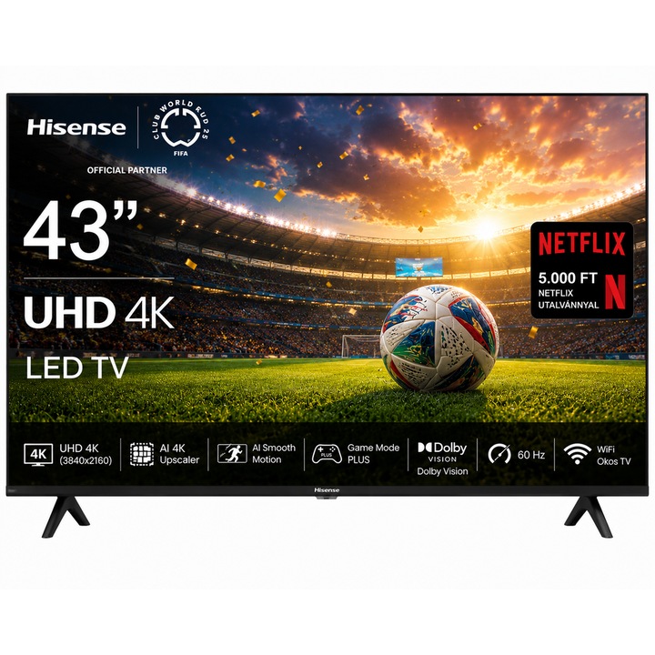 Hisense 43" UHD 4K LED AI Okos TV, 108 cm képátló, 60 Hz, Wifi, HDMI, Falra szerelhető, Netflix