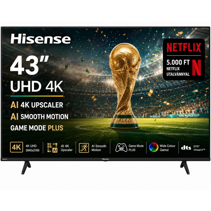 Hisense 50" UHD 4K LED AI Okos TV, 126 cm képátló, 60 Hz, Wifi, HDMI, Falra szerelhető, Netflix