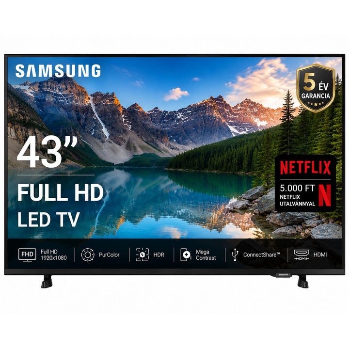 Samsung 40" FullHD Okos TV, 101 cm képátló, 60 Hz képfrissítés, Wifi, HDMI, Falra szerelhető, Netflix