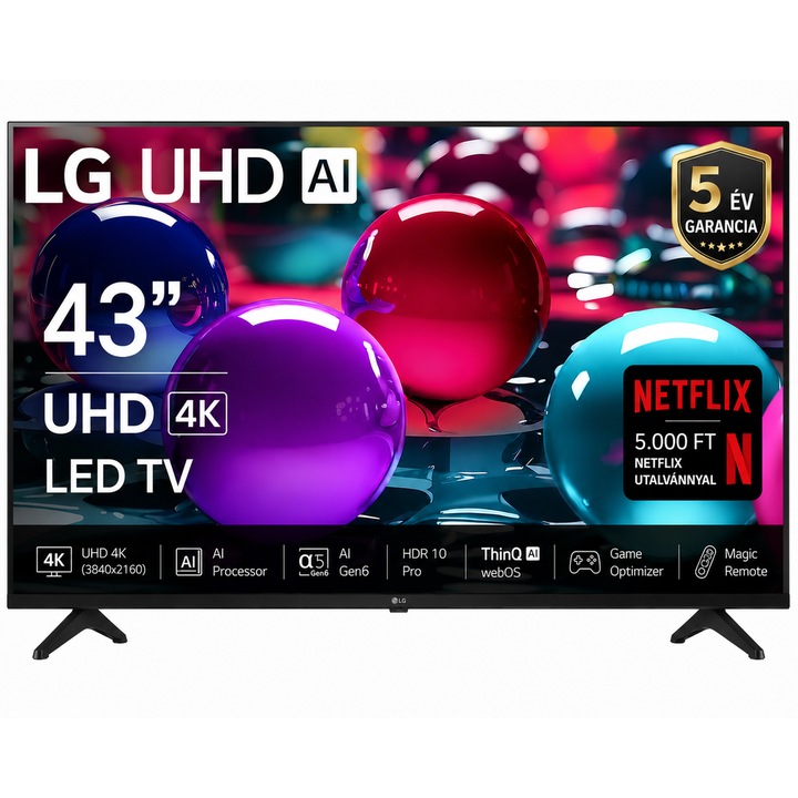 LG 43" UHD 4K LED AI Okos TV, 108 cm képátló, 60 Hz képfrissítés, Wifi, HDMI, Falra szerelhető, Netflix