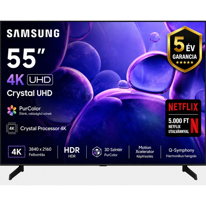 Samsung 50" UHD 4K LED AI Okos TV, 127 cm képátló, 50 Hz képfrissítés, Wifi, HDMI, Falra szerelhető, Netflix