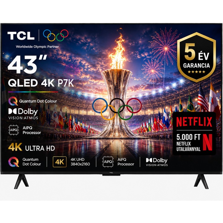 TCL 43" UHD 4K QLED AI Okos TV, 108 cm képátló, 60 Hz képfrissítés, Wifi, HDMI, Falra szerelhető, Netflix