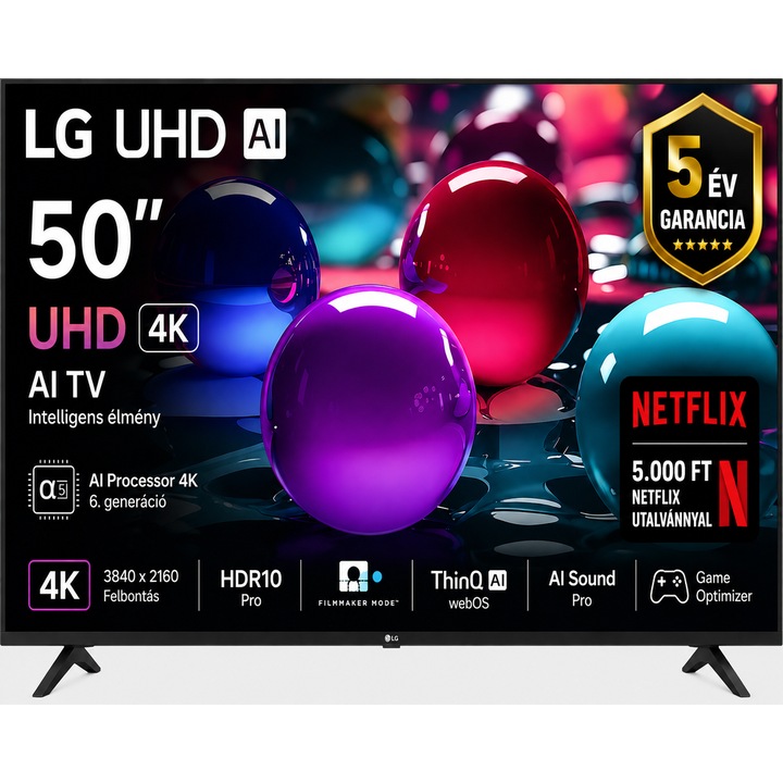 LG 50" UHD 4K LED AI Okos TV, 127 cm képátló, 60 Hz képfrissítés, Wifi, HDMI, Falra szerelhető, Netflix