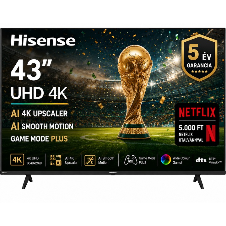 Hisense 50" UHD 4K LED AI Okos TV, 126 cm képátló, 60 Hz képfrissítés, Wifi, HDMI, Falra szerelhető, Netflix