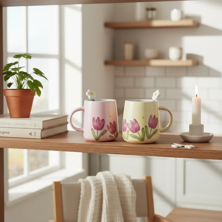 Set 2 Cani din Ceramica „Tulip Bloom” cu Lingurita Decorativa in Forma de Floare, 390 ml, Multicolor