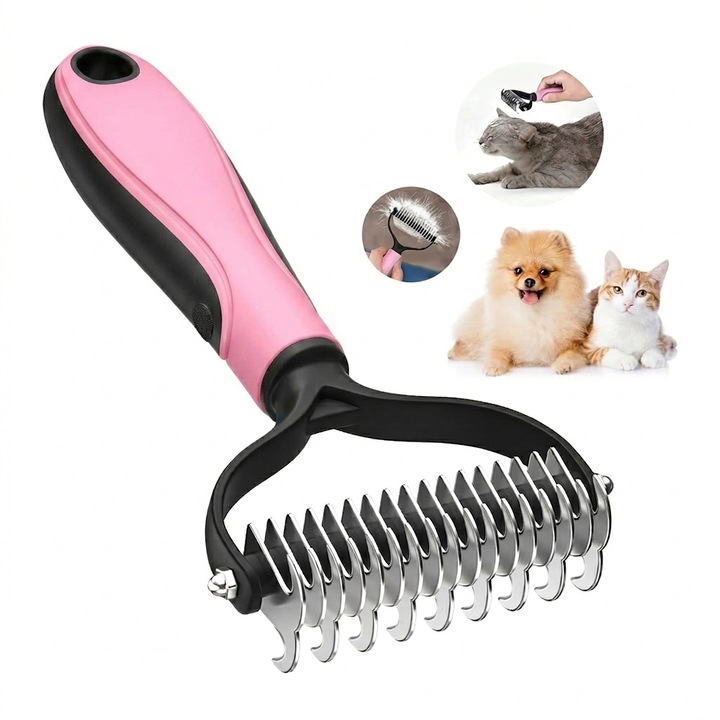 Perie curatare par caini/pisici NEXTLY, pentru indepartarea si ingrijirea parului de animale, peri din otel inoxidabil, maner ergonomic, 17.2x9cm, roz-negru