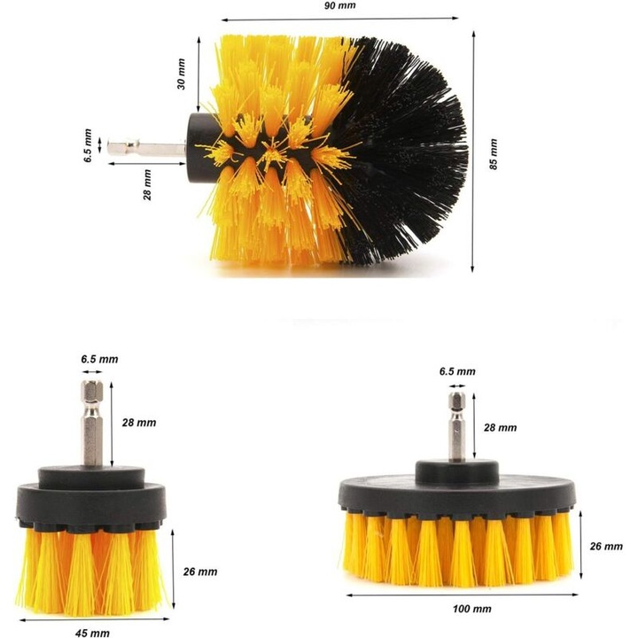 Set 3 perii electrice curatare, galben, diverse dimensiuni