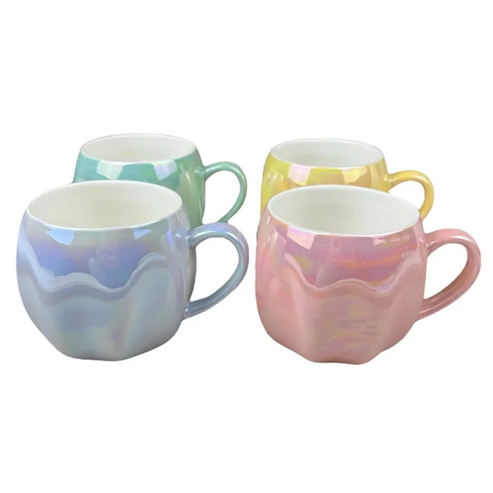 Set 4 Cani Ceramice „Pearl Shine” cu Efect Irizat si Design Rotunjit, 430 ml, Multicolor