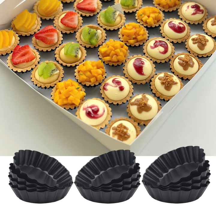 Leccik® Mini tortaforma készlet 12 darabos, 8 cm, kivehető alj, robusztus szénacél, tapadásmentes bevonat, kerek formák desszertekhez és pitékhez, sütő- és air fryer kompatibilis, fekete szín