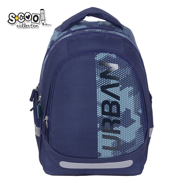 Ghiozdan scolar baieti clasele 1-4 si 5-8, Rucsac scoala S-Cool, model Urban Blue, imprimeu geometric bleumarin, spate ergonomic cu elemente reflectorizante