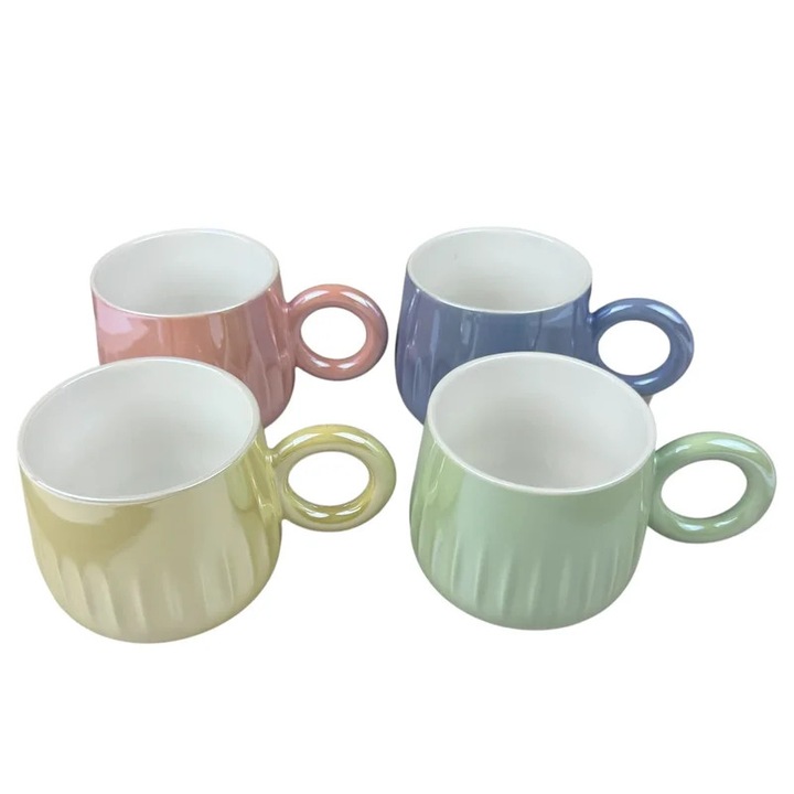 Set 4 Cani Ceramice „Ring Pastel” cu Maner Rotund si Design Lucios, 400 ml - Multicolor