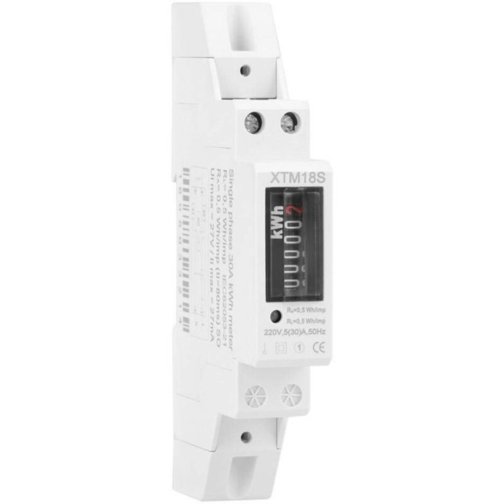 Contor energie monofazat digital 220V 5-30A LCD albastru 12x6.3cm montaj pe sina DIN
