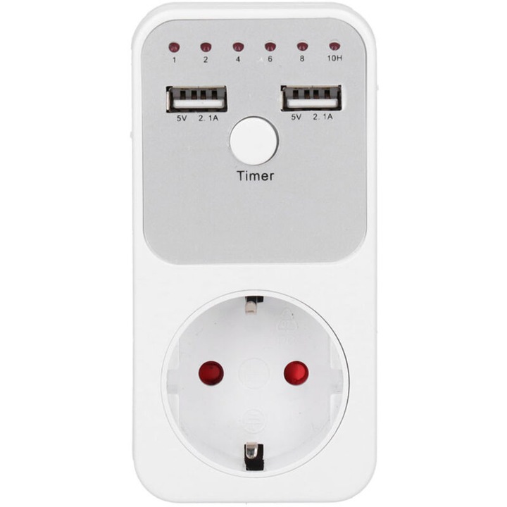 Контакт с таймер за обратно броене, 13A, USB, бял, 10,9x5,4x7,5см