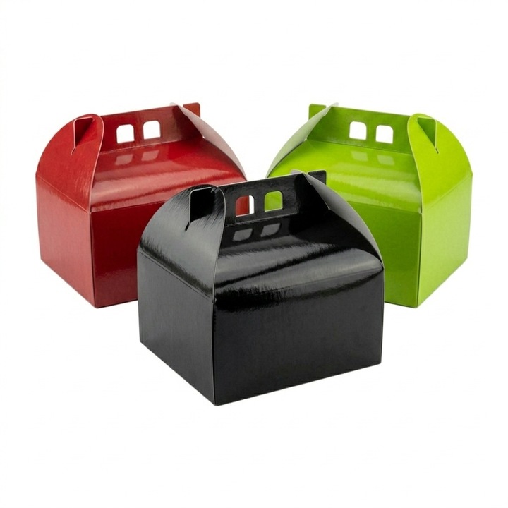 Set 25 buc, cutii pentru tort din carton, cu maner, diverse culori, 25 x 25 cm