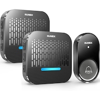 Sonerie Wireless Cu 2 Receptoare Runex®, pentru Usa, Poarta, Exterior, Digitala, Electrica, Raza De Actiune 300 m fara Fir, IP65, 55 Melodii, 5 Niveluri De Volum, 110 dB, Indicator LED, Alimentare La Priza AC, Negru