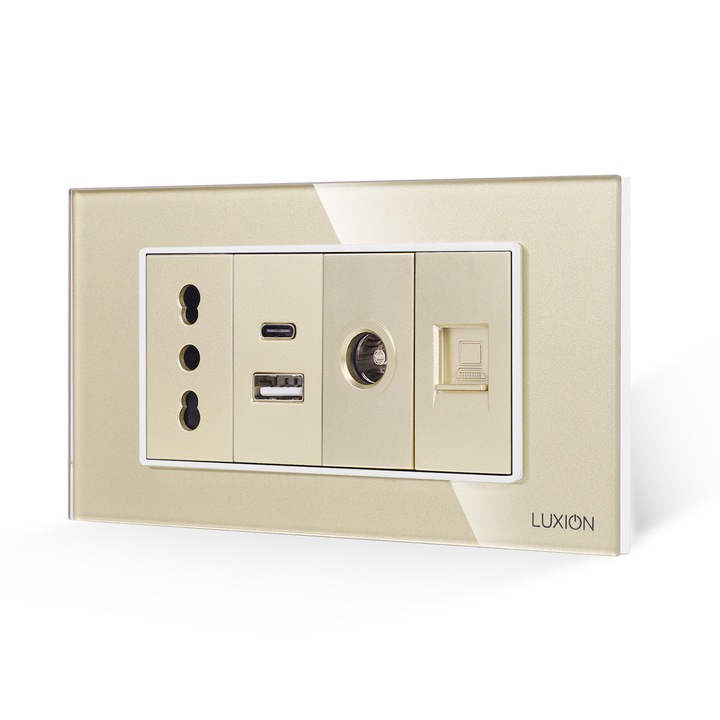 Priza Ingusta + Dubla USB + TV + Internet cu Rama Din Sticla LUXION, Standard Italian, 4M, Auriu
