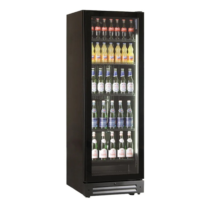 Vitrina frigorifica premium Klimaitalia, ICool, 360 litri, H180 cm, sistem de racire static, racire ventilata, termostat electronic, temperatura reglabila 0 °C ~ +10 °C, iluminare LED, inchidere automata usa, incuietoare cu cheie, negru