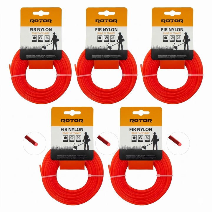 Set 5 fire trimmer/motocoasa Rotor, profil rotund, dimensiune 1.6mm x 15m, Rosu
