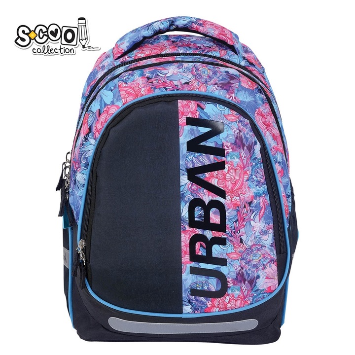 Ghiozdan scolar fete clasele 1-4 si 5-8, Rucsac scoala S-Cool, model Urban Flowers, imprimeu floral multicolor roz-albastru, ergonomic cu elemente reflectorizante