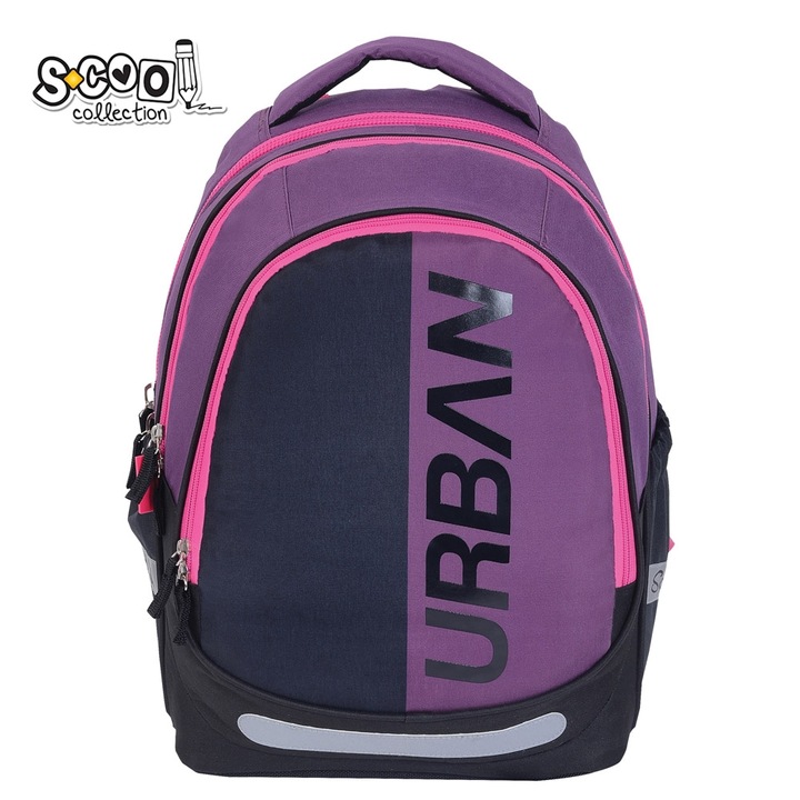 Ghiozdan scolar fete clasele 1-4 si 5-8, Rucsac scoala S-Cool, model Urban Violet, culori mov si bleumarin cu roz neon, ergonomic cu elemente reflectorizante