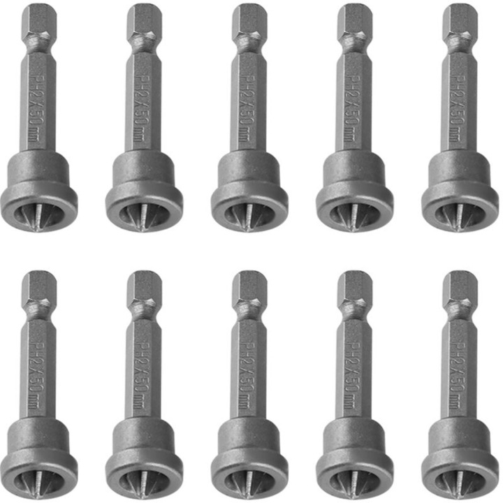 Set 10 bucati capete surubelnita PH2 crom vanadiu 50mm argintiu