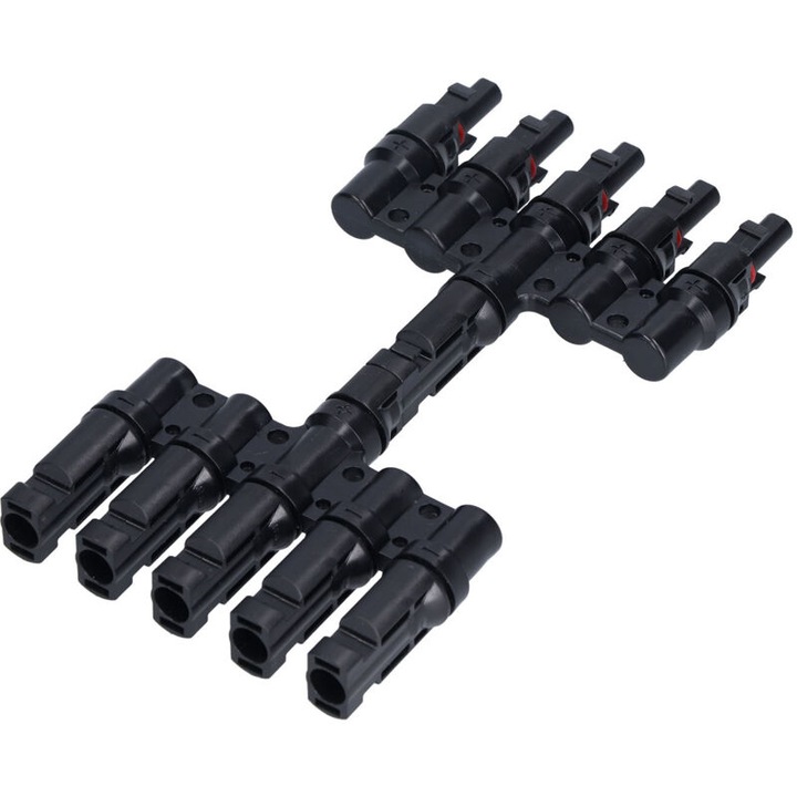 Conector ramificare solar 5 cai, rezistent apa IP67, plastic cupru, 20-30A, negru, 7x5cm