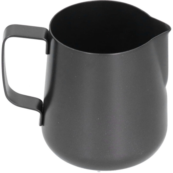 Rozsdamentes acél tejhabosító kancsó 350ml fekete, hegyes kiöntővel és ergonomikus fogantyúval