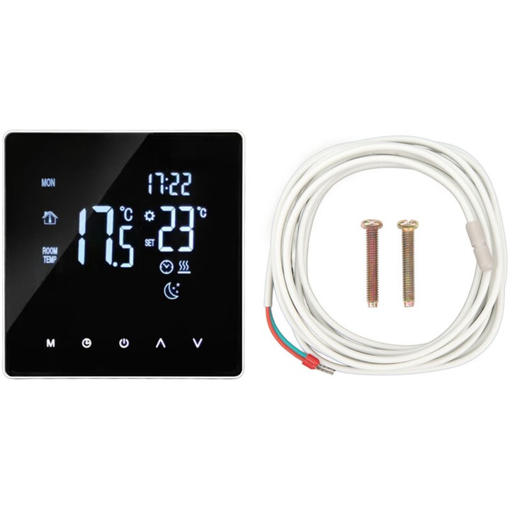 Padlófűtés termosztát, programozható, érintőképernyős, fehér, 16A 4400W