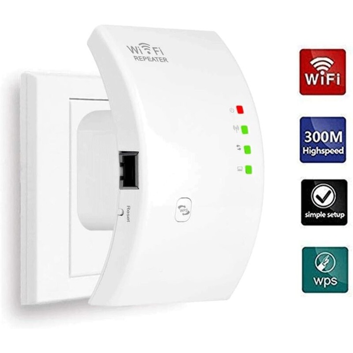 WiFi N300 Jelismétlő, 300 Mbps, 2.4 GHz, 1 Ethernet port, IEEE 802.11 b/g/n, Akár 110 m² lefedettség, Fehér