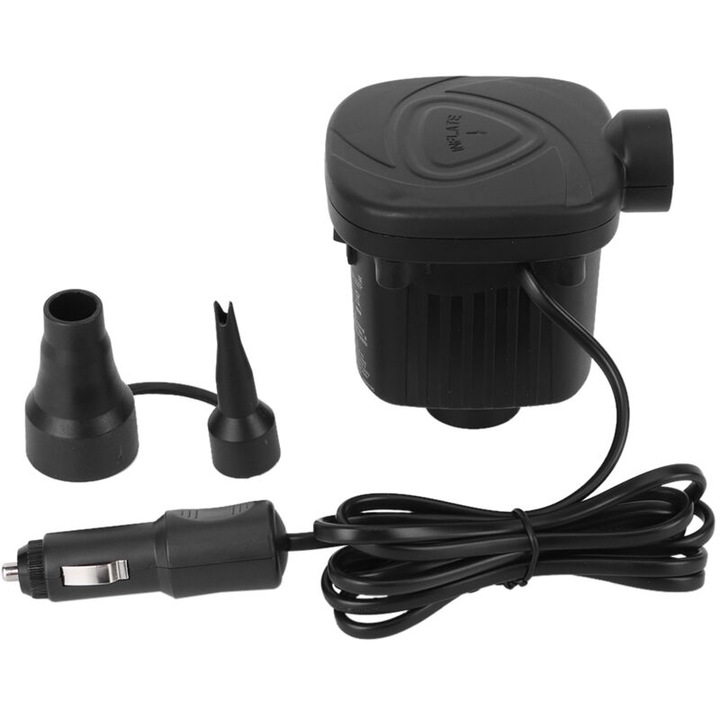 Elektromos légpumpa 12V, hordozható, fekete, 10,2x8,5x10,1cm, 2 fúvókás készlet