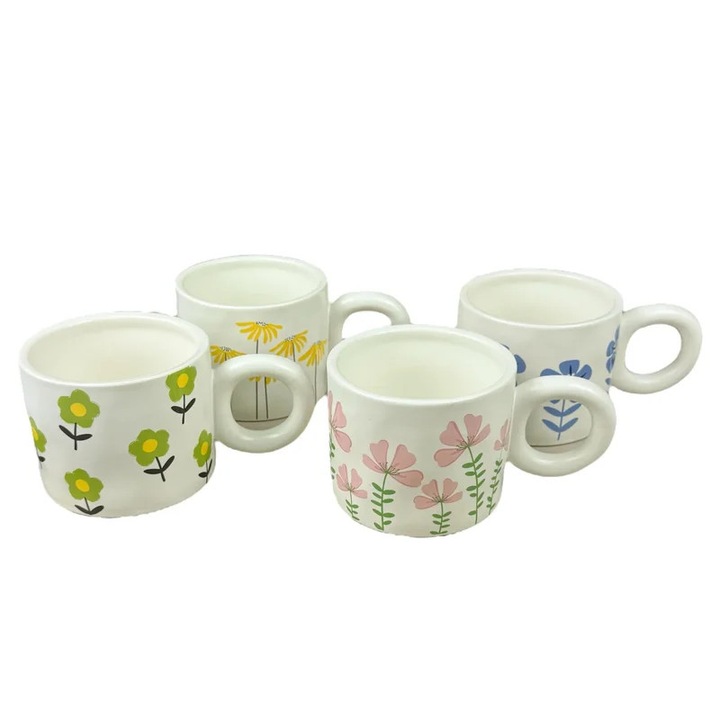 Set 4 Cani din Ceramica „Bloom Art” cu Imprimeu Floral Colorat, 420 ml