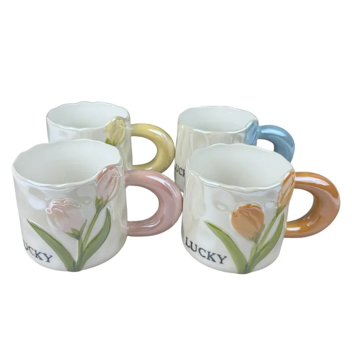 Set 4 Cani Ceramice „Lucky Tulip” cu Flori in Relief si Maner Colorat, 380 ml, Multicolor