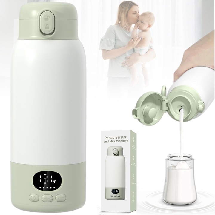 Incalzitor Portabil Inteligent pentru Lapte, Apa si Lapte Matern, Qova®, 500ml, Baterie 10.400 mAh, Incalzire Rapida, 12h Mentinere Temperatura, Reglare Temperatura, Otel Inoxidabil 316, Anti-Scurgere, Ecran LED, Ideal pentru Acasa, Carucior si Calatorii