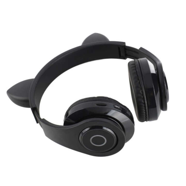 Casti wireless cu Bluetooth 5.0, urechi de pisica LED, 400mAh, negru, 10h redare