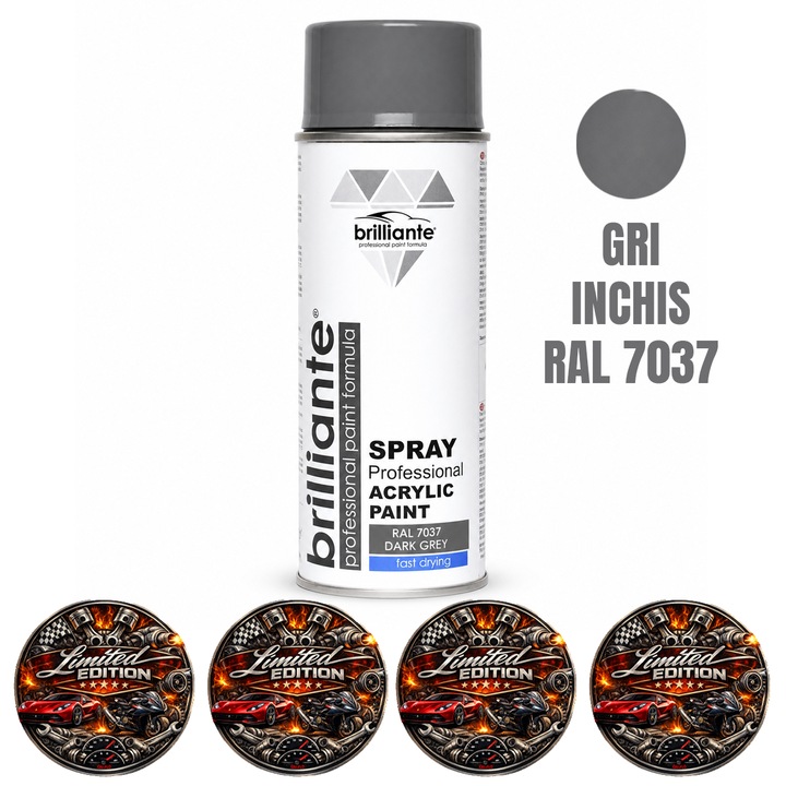 Vopsea Spray Acrilica Brilliante Gri Inchis RAL 7037, Uscare Rapida, pentru Metal, Lemn, PVC, ABS, Ceramica, Piatra si Suprafete Multiple, 400 ml, 4x Stickere auto