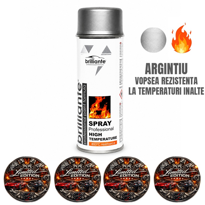 Vopsea Spray Temperatura Inalta Brilliante Argintiu, Rezistenta pana la 800°C, pentru Evacuari, Sobe, Teracote, Etrieri si Piese Auto, 400ml, 4x Stickere auto