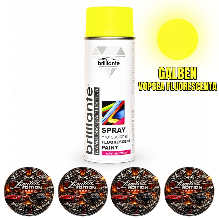 Vopsea Spray Fluorescenta Brilliante Galben, Uscare Rapida, pentru Interior si Exterior, Metal, Aluminiu, Piatra, Ceramica, Lemn, PVC, 400 ml, 4x Stickere auto