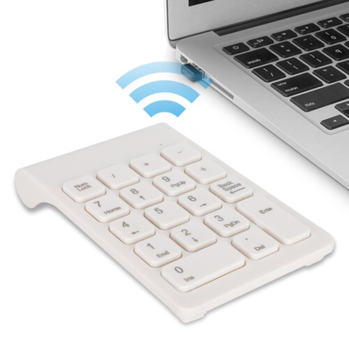 Vezeték nélküli mini numerikus billentyűzet 2.4G fehér ergonomikus USB 10x15cm