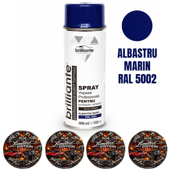 Vopsea Spray Brilliante Albastru Marin RAL 5002, pentru Metal, Lemn, PVC, ABS, Ceramica, Piatra si Suprafete Multiple, 400 ml, 4x Stickere auto