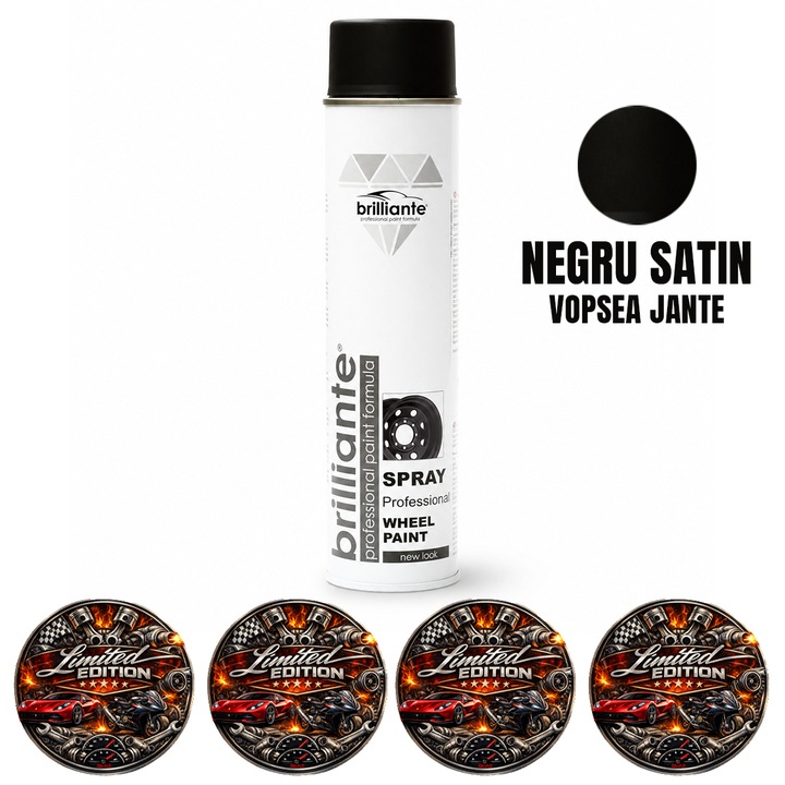 Vopsea Spray Pentru Jante Brilliante Negru Satin, Protectie si Reconditionare Jante Auto, Moto si Biciclete, 600 ml, 4x Stickere auto