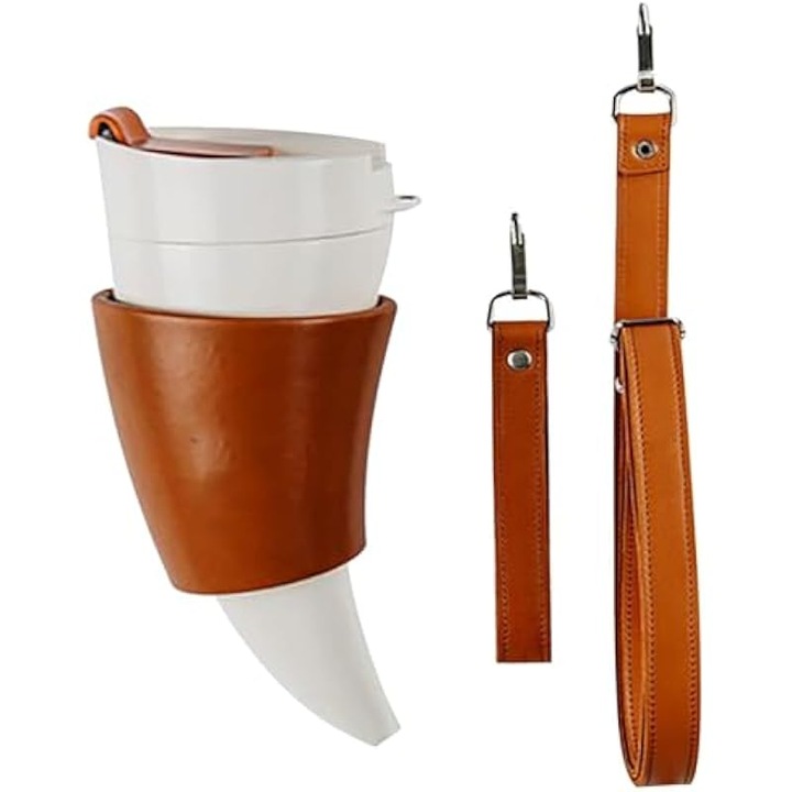 Termosz bögre 230ml, rozsdamentes acél, fehér, légmentesen záródó fedéllel és szíjjal, kecskeszarv design