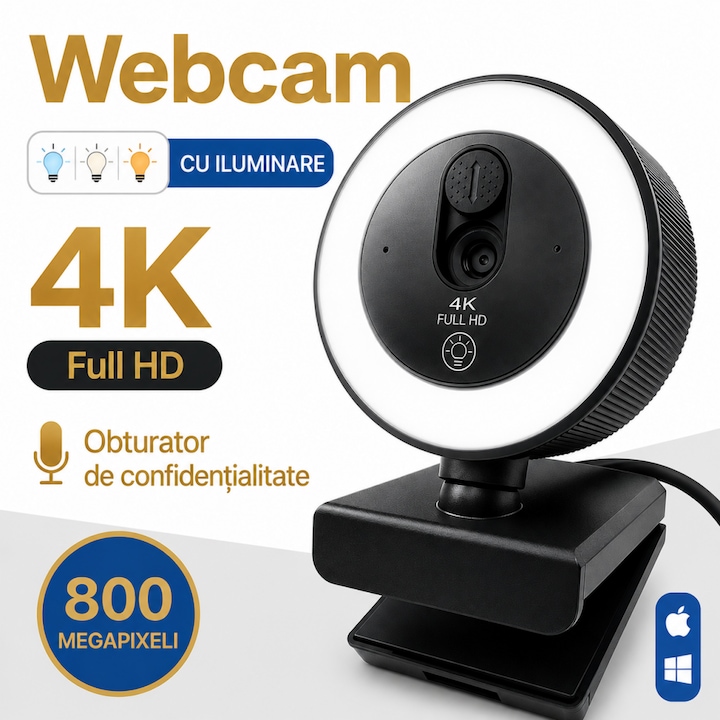 Уеб камера, EXCITAT®, 4K, 8MP, Честота на кадрите 30 FPS, 3840x2160, Автофокус, Микрофон с намаляване на шума, Съвместима с USB 2.0 и 3.0, С включена стойка, Съвместима с XP, Win7/8/10/11, Android 4.0 и по-нови версии, Mac и други, черна