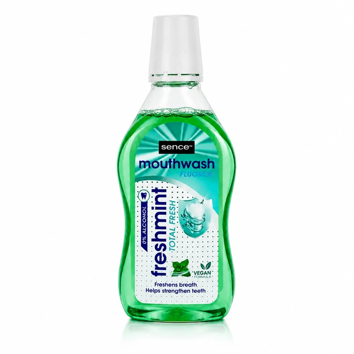 Sence® Freshmint Total Fresh szájvíz fluorral és mentával, alkoholmentes, vegán formula, 500 ml