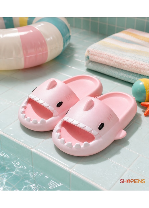 Papuci Dama Roz Rechin Marimea 36-37 Din EVA Slapi Slides Cu Banda Lata Talpa Foarte Moale Model Shark Pentru Plaja Piscina Vacanta Shopiens®